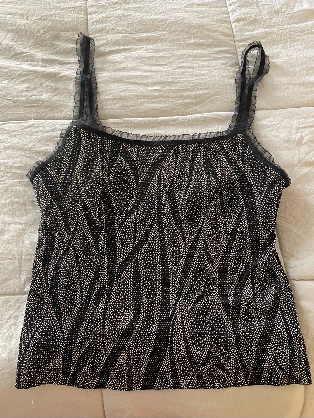 dressbarn Black and White Wave Print Ruffle Trim Cami